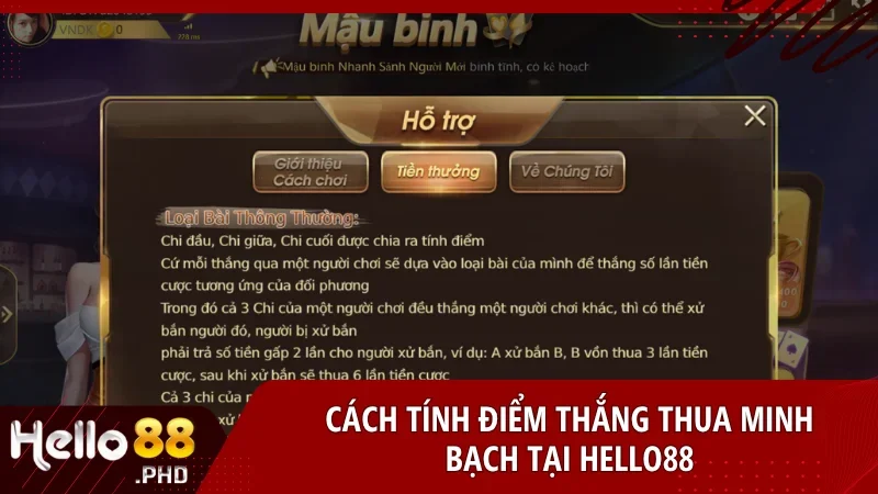 Hệ thống tính thưởng rõ ràng, công khai theo từng chi và các trường hợp sập hầm trong mỗi ván bài