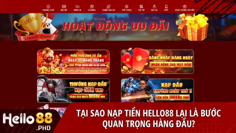 Nạp tiền Hello88 là điều kiện cần thiết để mở khóa game, nhận khuyến mãi và đảm bảo trải nghiệm giải trí không gián đoạn