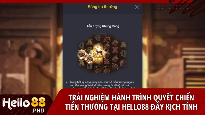 Giao diện trò chơi tái hiện thị trấn cao bồi miền Tây với ánh nắng vàng rực và các biểu tượng slot đặc trưng như súng, rượu và nhân vật hành động.